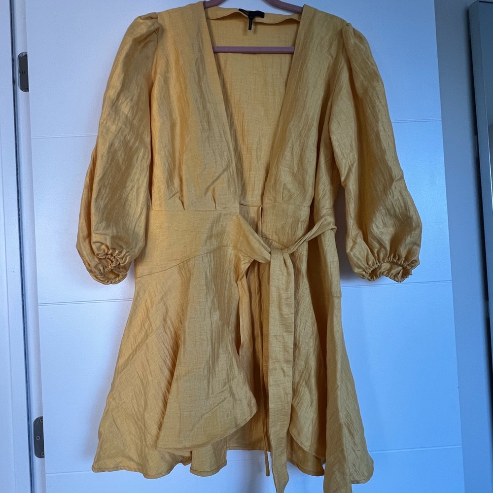 Maje Yellow Wrap Sundress with Bishop Sleeves